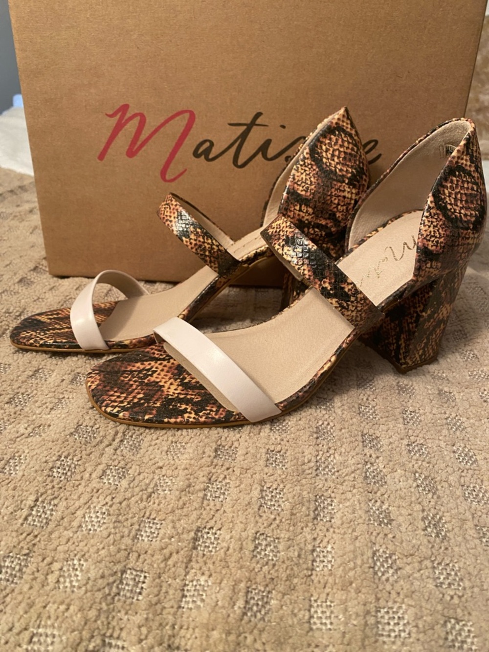 Matisse Two‑Tone Snake Print Block Heels in Beige and Brown